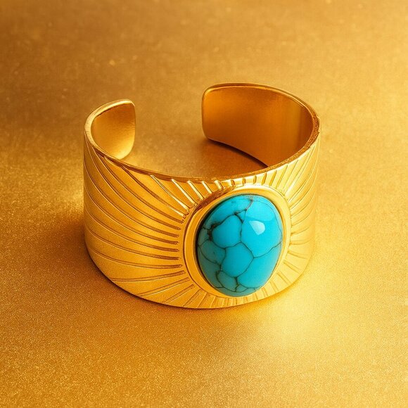 🆕️Sunburst Boho Chic 14K Gold Plated Adjustable Turquoise Statement Ring 🌞💙 - Picture 9 of 11